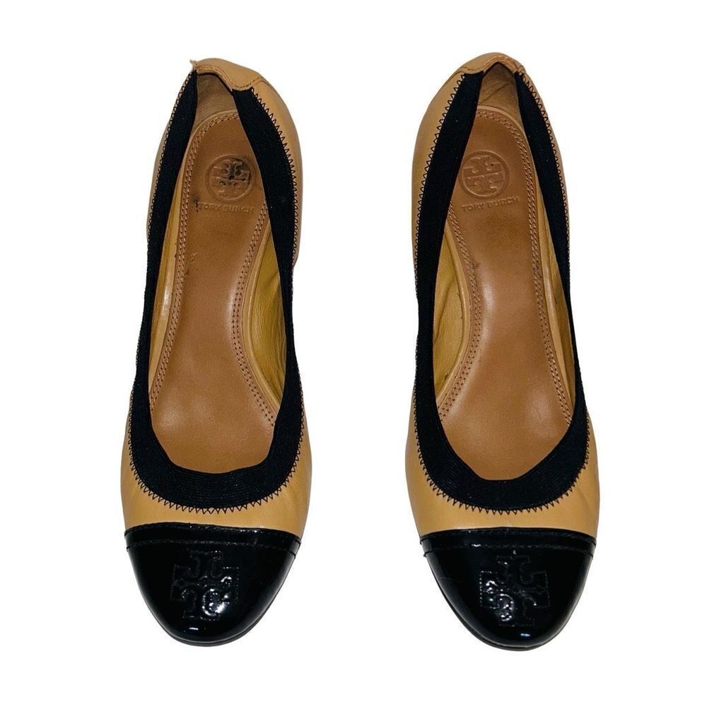 TORY BURCH Women's Tan Black Leather Block Heel Pump Shoes 10M